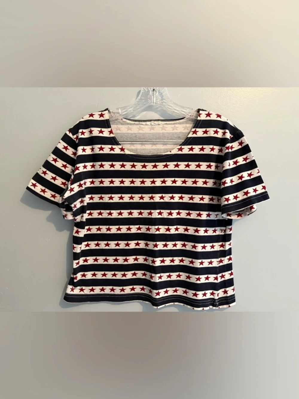 Vintage Americana Women’s Medium Cropped Short Sleeve Tee Striped Star Navy Red - Picture 3 of 15